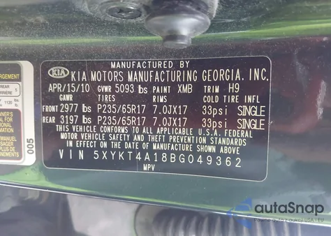 2011 Kia Sorento Lx from USA, damaged, VIN 5XYKT4A18BG049362